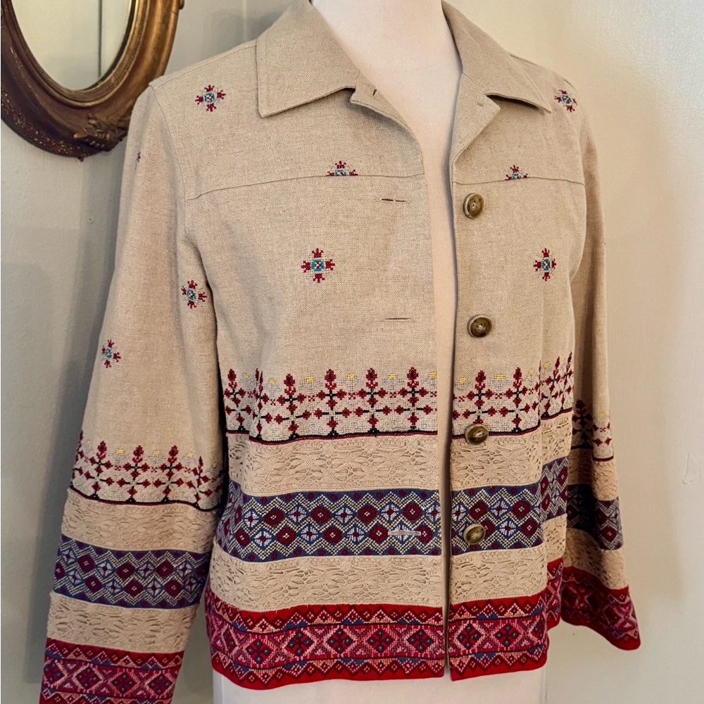 Coldwater Creek Embroidered Lace Mixed Print Jacket PM M Tan Western Artsy Chic